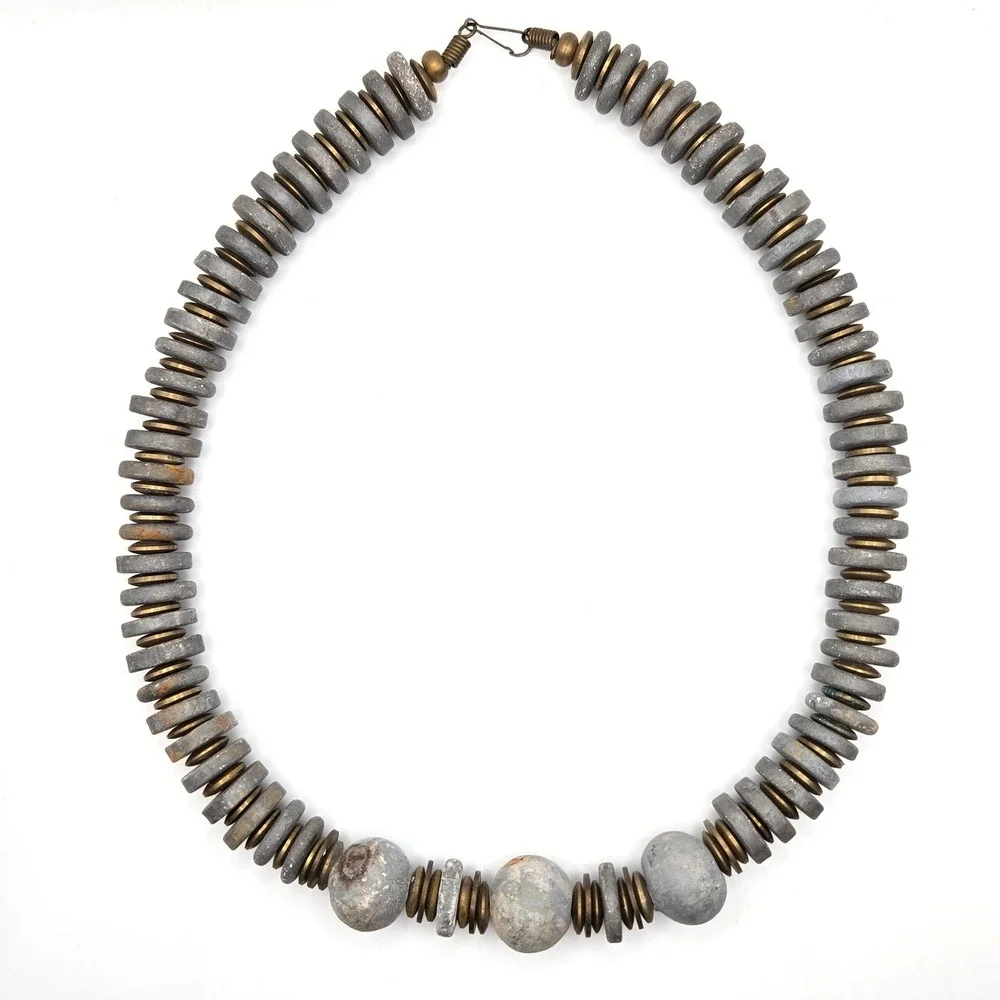 Vintage‎ Gray Cast Stone Disc and Sphere Bead Necklace with Brass Spacers 20